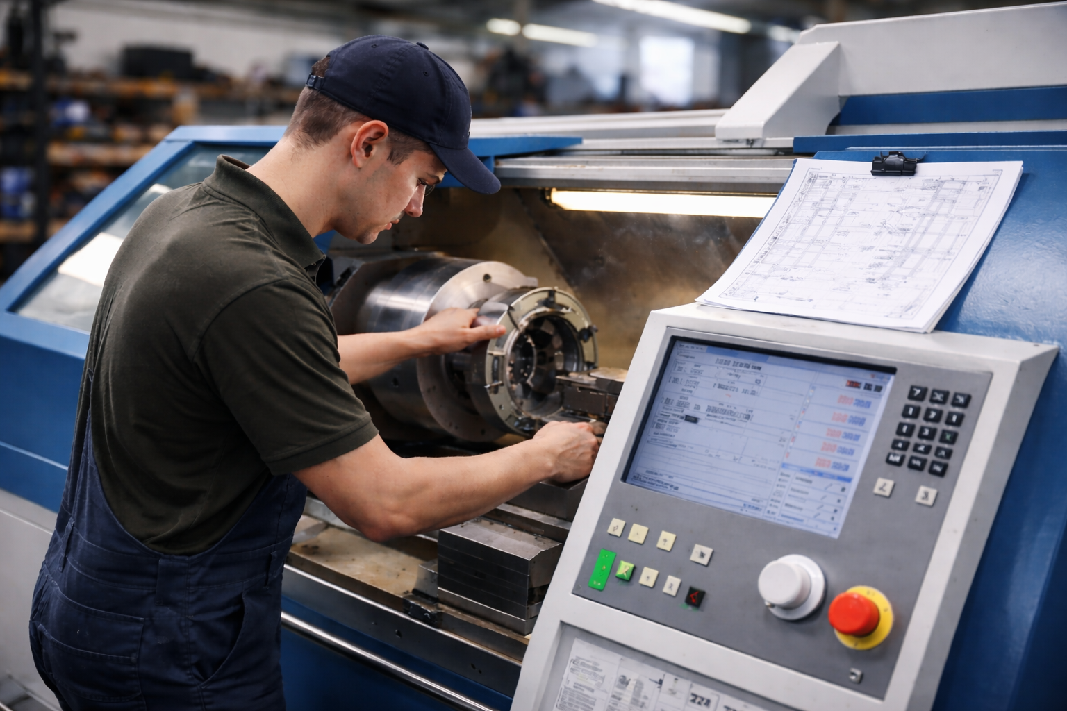 Mitarbeiter an einer CNC-Maschine in der Produktion mit Hinweis auf Initiativbewerbungen bei der Emil Kreiskott Maschinenfabrik.