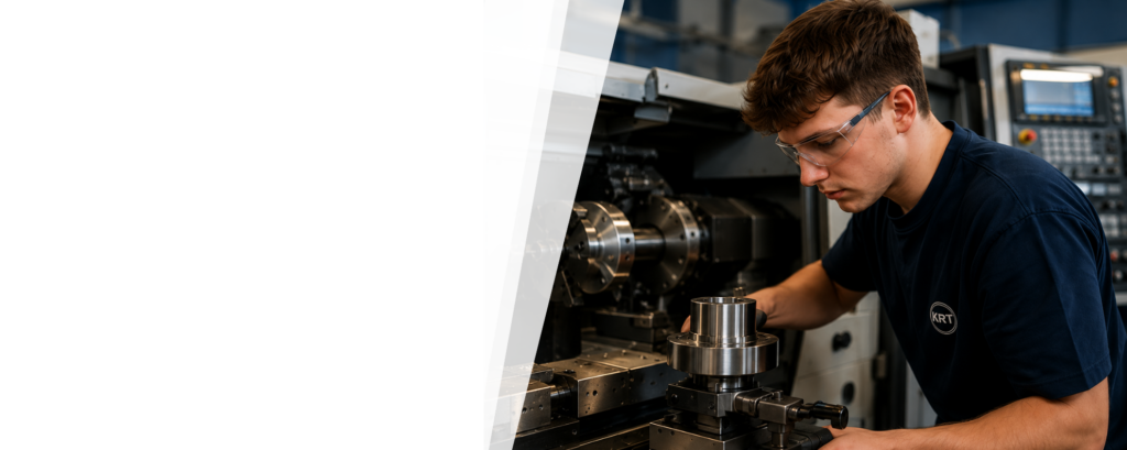 Auszubildender an einer CNC-Drehmaschine während der Ausbildung zum Zerspanungsmechaniker bei der Emil Kreiskott Maschinenfabrik.