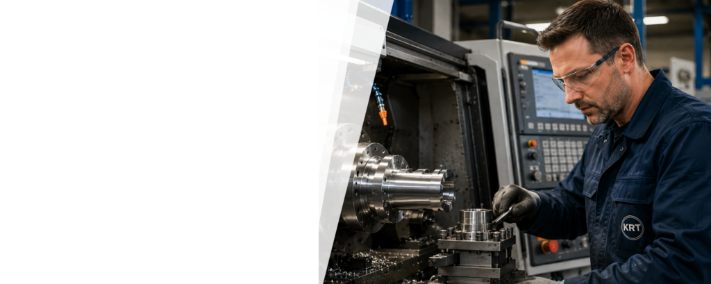 Zerspanungsmechaniker bei der Bearbeitung eines Werkstücks an einer CNC-Maschine in der Fertigung der Emil Kreiskott Maschinenfabrik.